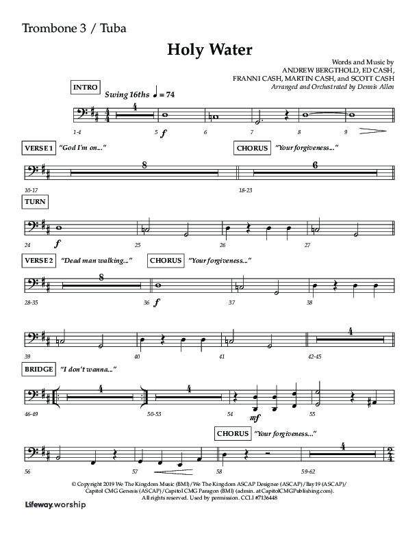Holy Water (Choral Anthem SATB) Trombone 3/Tuba (Lifeway Choral / Arr. Dennis Allen)