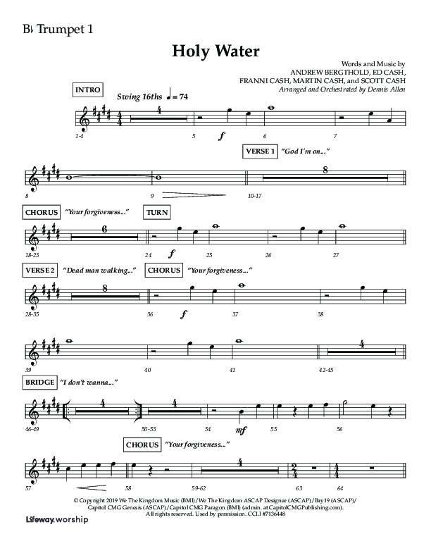 Holy Water (Choral Anthem SATB) Trumpet 1 (Lifeway Choral / Arr. Dennis Allen)
