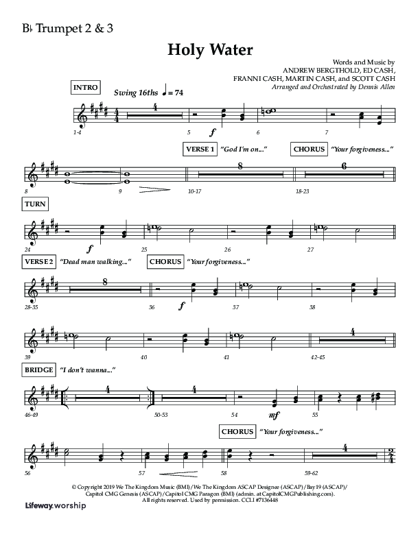 Holy Water (Choral Anthem SATB) Trumpet 2/3 (Lifeway Choral / Arr. Dennis Allen)