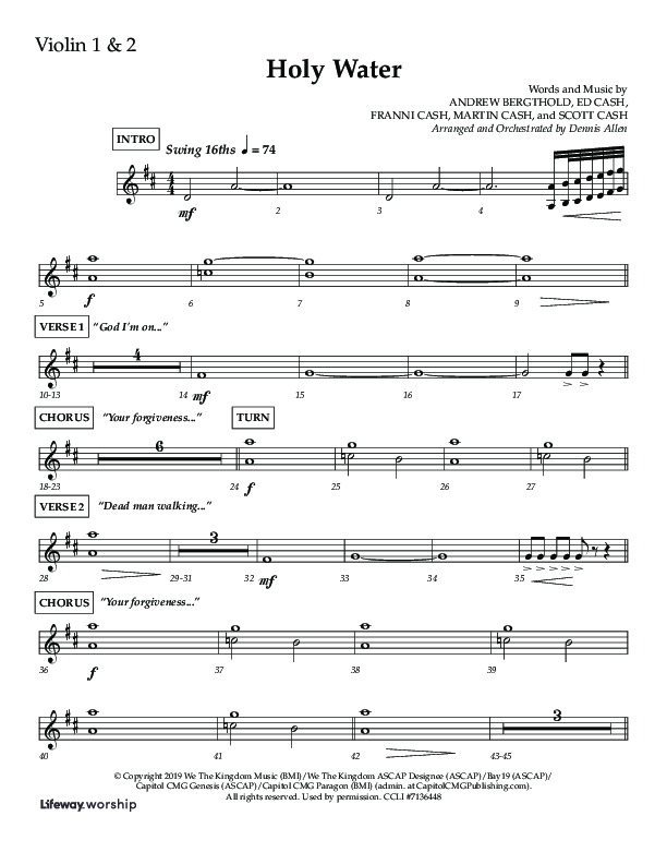 Holy Water (Choral Anthem SATB) Violin 1/2 (Lifeway Choral / Arr. Dennis Allen)