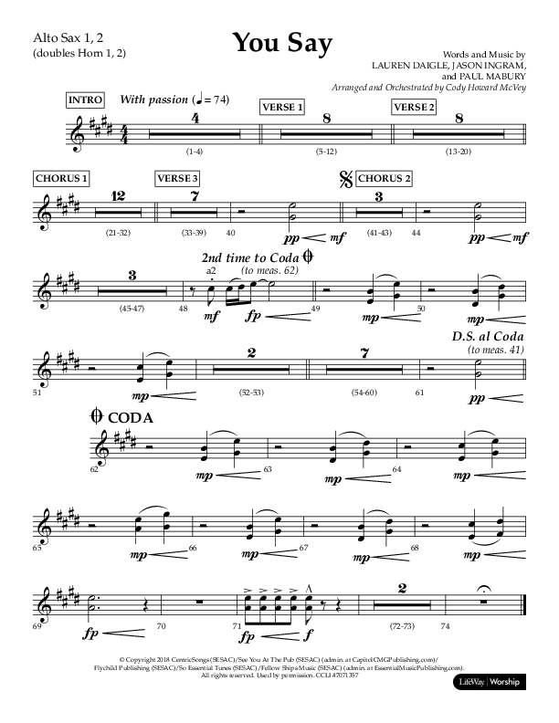 You Say (Choral Anthem SATB) Alto Sax 1/2 (Lifeway Choral / Arr. Cody McVey)