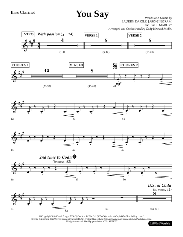 You Say (Choral Anthem SATB) Bass Clarinet (Lifeway Choral / Arr. Cody McVey)