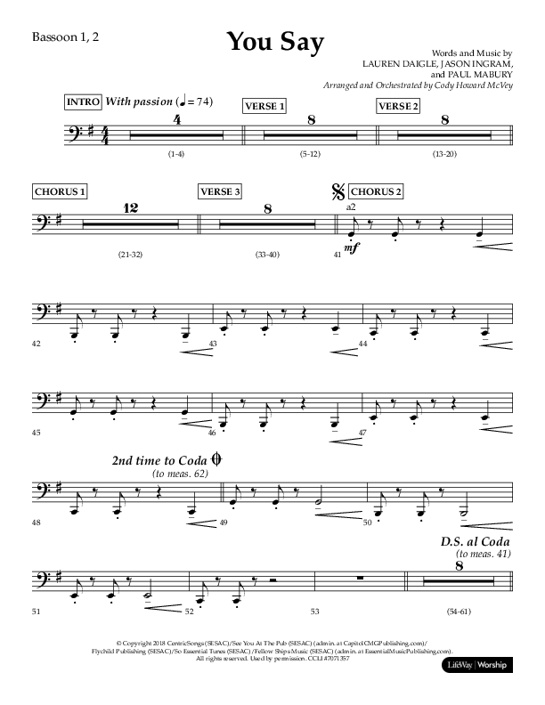 You Say (Choral Anthem SATB) Bassoon (Lifeway Choral / Arr. Cody McVey)
