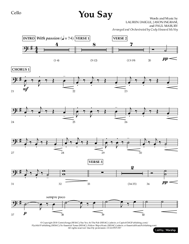 You Say (Choral Anthem SATB) Cello (Lifeway Choral / Arr. Cody McVey)