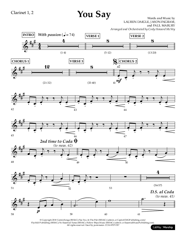 You Say (Choral Anthem SATB) Clarinet 1/2 (Lifeway Choral / Arr. Cody McVey)