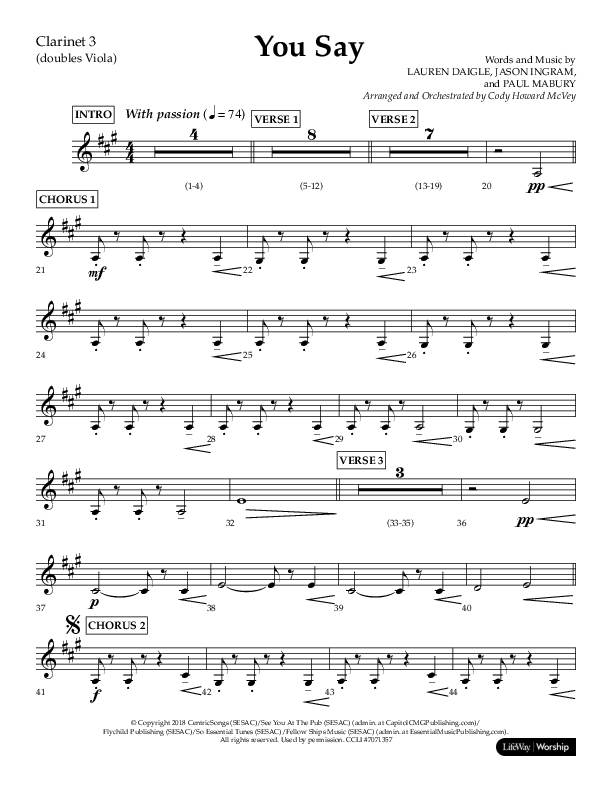 You Say (Choral Anthem SATB) Clarinet 3 (Lifeway Choral / Arr. Cody McVey)