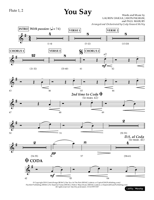 You Say (Choral Anthem SATB) Flute 1/2 (Lifeway Choral / Arr. Cody McVey)