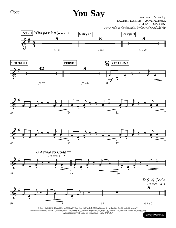 You Say (Choral Anthem SATB) Oboe (Lifeway Choral / Arr. Cody McVey)