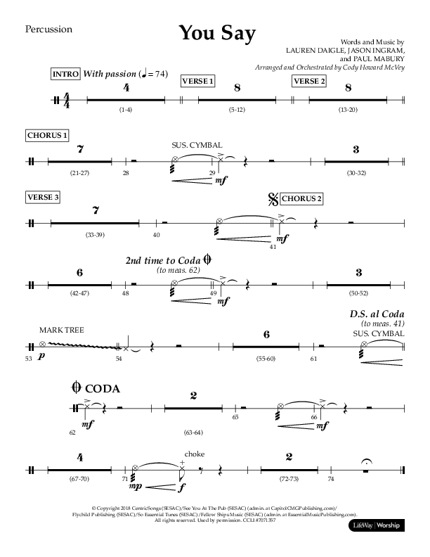 You Say (Choral Anthem SATB) Percussion (Lifeway Choral / Arr. Cody McVey)