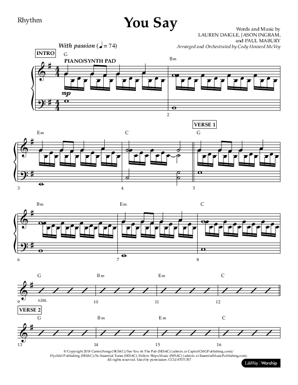 You Say (Choral Anthem SATB) Lead Melody & Rhythm (Lifeway Choral / Arr. Cody McVey)