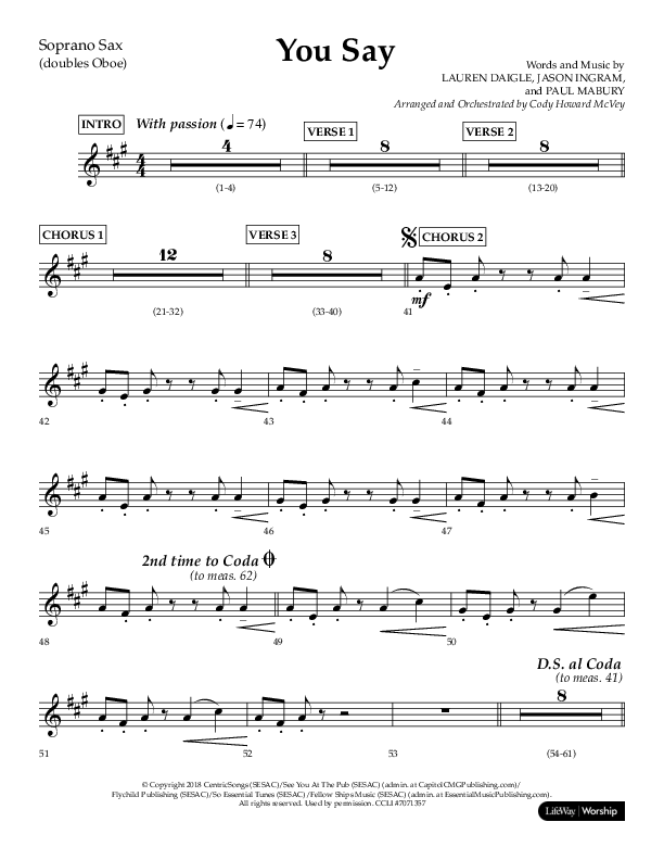 You Say (Choral Anthem SATB) Soprano Sax (Lifeway Choral / Arr. Cody McVey)