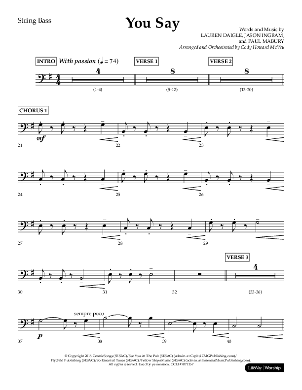 You Say (Choral Anthem SATB) String Bass (Lifeway Choral / Arr. Cody McVey)