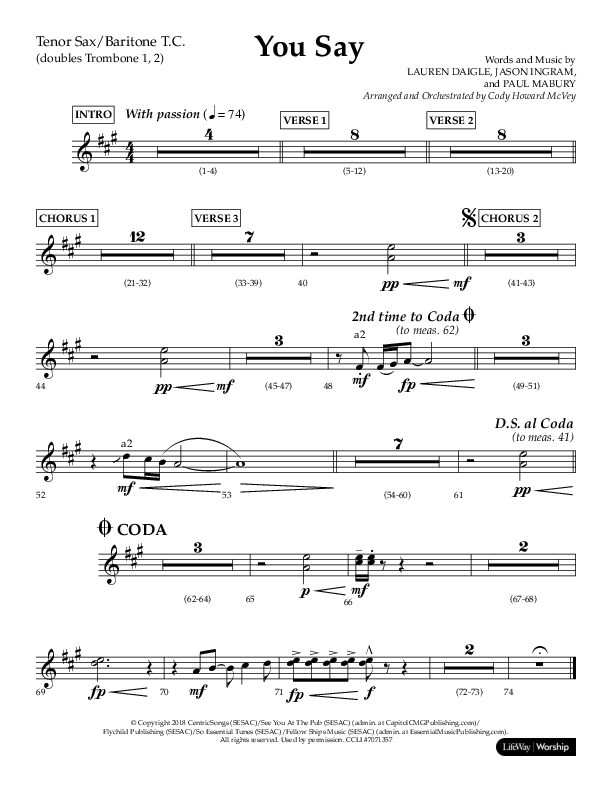 You Say (Choral Anthem SATB) Tenor Sax/Baritone T.C. (Lifeway Choral / Arr. Cody McVey)