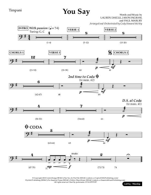 You Say (Choral Anthem SATB) Timpani (Lifeway Choral / Arr. Cody McVey)