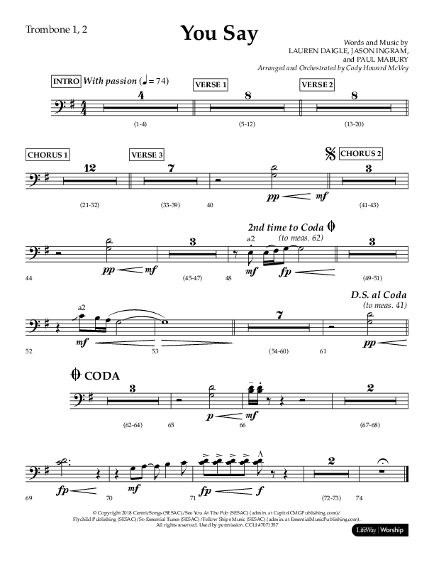 You Say (Choral Anthem SATB) Trombone 1/2 (Lifeway Choral / Arr. Cody McVey)