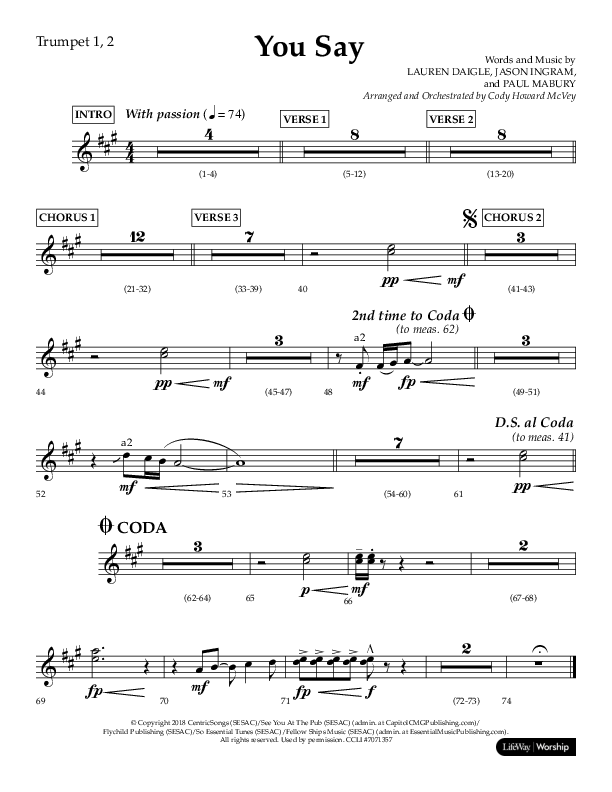 You Say (Choral Anthem SATB) Trumpet 1,2 (Lifeway Choral / Arr. Cody McVey)