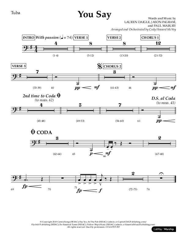 You Say (Choral Anthem SATB) Tuba (Lifeway Choral / Arr. Cody McVey)