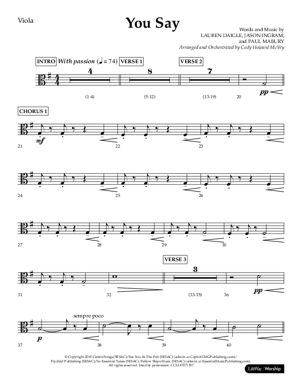 You Say (Choral Anthem SATB) Viola (Lifeway Choral / Arr. Cody McVey)