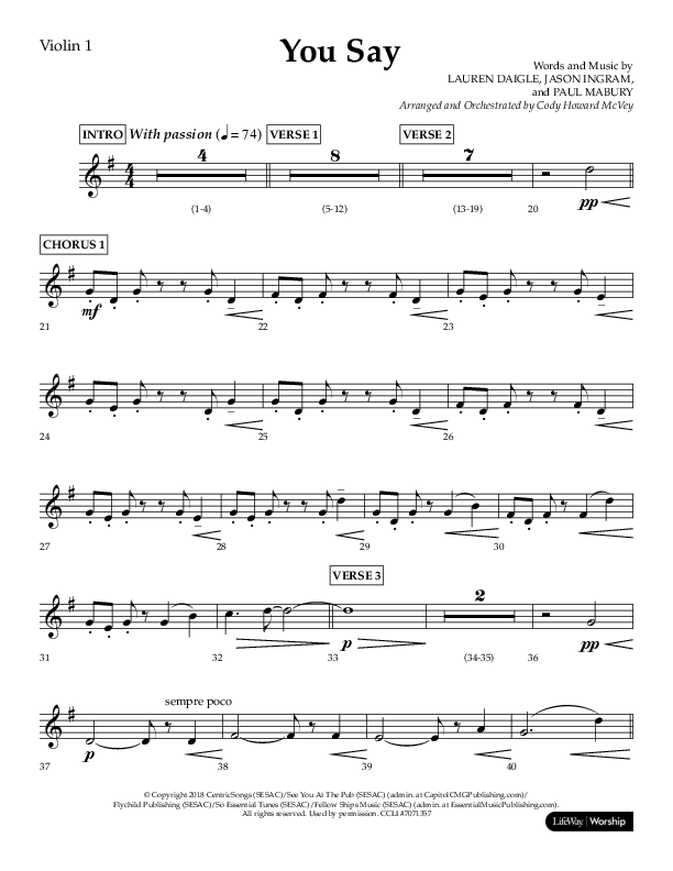 You Say (Choral Anthem SATB) Violin 1 (Lifeway Choral / Arr. Cody McVey)