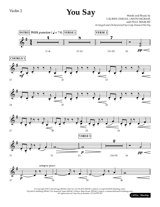 You Say (Choral Anthem SATB) Violin 2 (Lifeway Choral / Arr. Cody McVey)