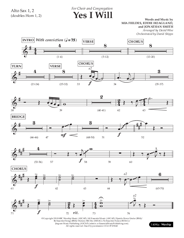Yes I Will (Choral Anthem SATB) Alto Sax 1/2 (Lifeway Choral / Arr. David Wise / Orch. David Shipps)