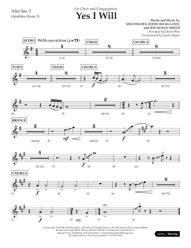 Yes I Will (Choral Anthem SATB) Alto Sax (Lifeway Choral / Arr. David Wise / Orch. David Shipps)