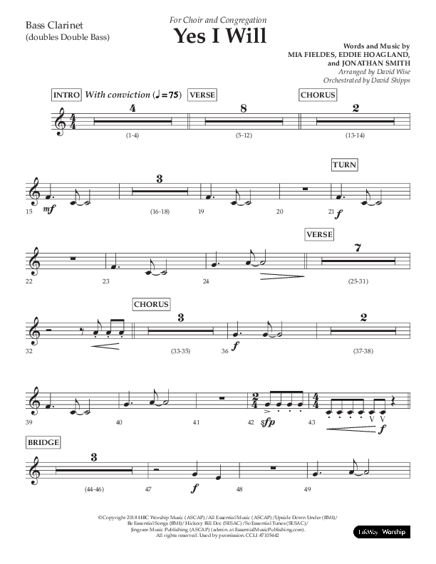 Yes I Will (Choral Anthem SATB) Bass Clarinet (Lifeway Choral / Arr. David Wise / Orch. David Shipps)