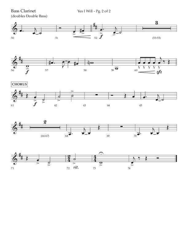 Yes I Will (Choral Anthem SATB) Bass Clarinet (Lifeway Choral / Arr. David Wise / Orch. David Shipps)