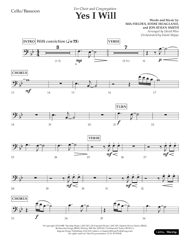 Yes I Will (Choral Anthem SATB) Cello (Lifeway Choral / Arr. David Wise / Orch. David Shipps)