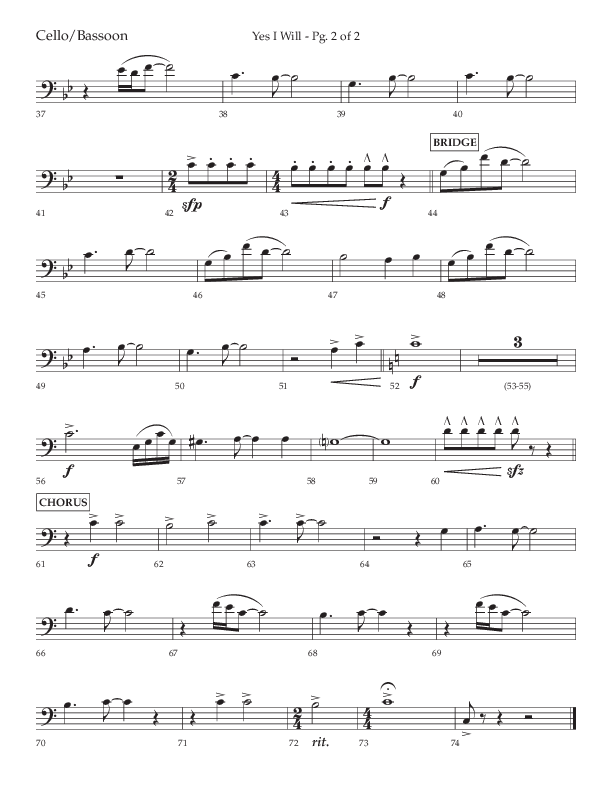 Yes I Will (Choral Anthem SATB) Cello (Lifeway Choral / Arr. David Wise / Orch. David Shipps)