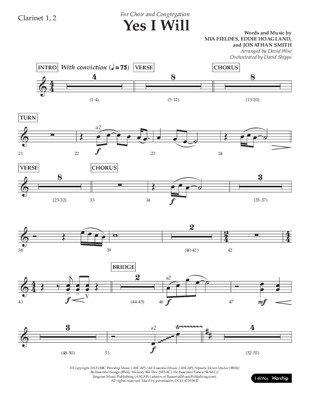 Yes I Will (Choral Anthem SATB) Clarinet 1/2 (Lifeway Choral / Arr. David Wise / Orch. David Shipps)