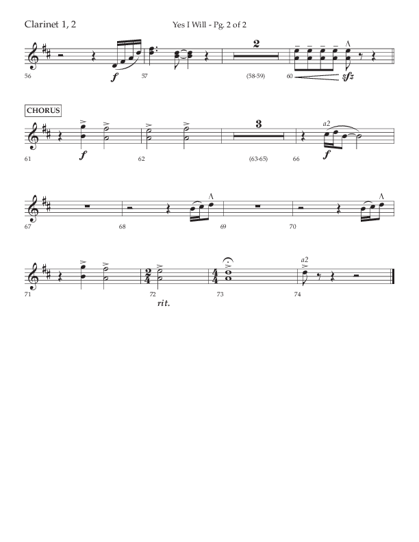 Yes I Will (Choral Anthem SATB) Clarinet 1/2 (Lifeway Choral / Arr. David Wise / Orch. David Shipps)