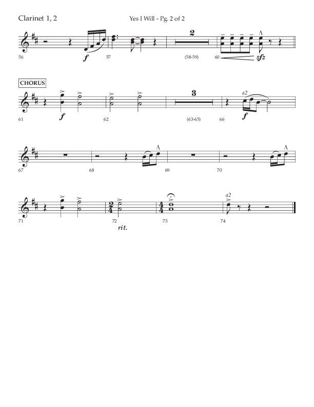 Yes I Will (Choral Anthem SATB) Clarinet 1/2 (Lifeway Choral / Arr. David Wise / Orch. David Shipps)