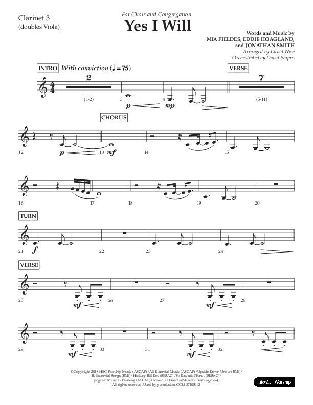 Yes I Will (Choral Anthem SATB) Clarinet 3 (Lifeway Choral / Arr. David Wise / Orch. David Shipps)