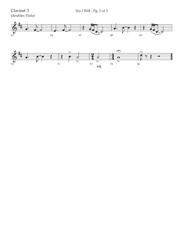 Yes I Will (Choral Anthem SATB) Clarinet 3 (Lifeway Choral / Arr. David Wise / Orch. David Shipps)