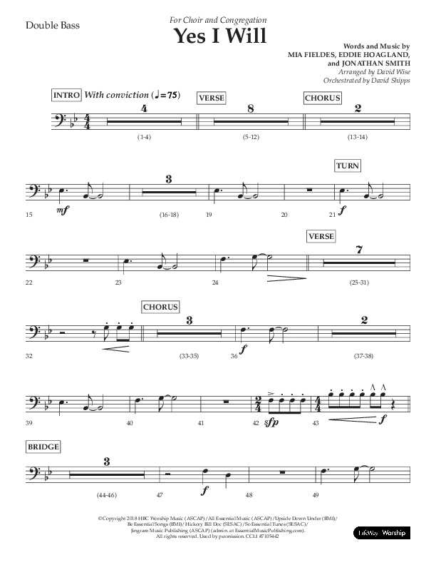 Yes I Will (Choral Anthem SATB) Double Bass (Lifeway Choral / Arr. David Wise / Orch. David Shipps)