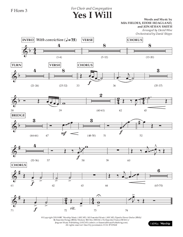 Yes I Will (Choral Anthem SATB) French Horn 3 (Lifeway Choral / Arr. David Wise / Orch. David Shipps)