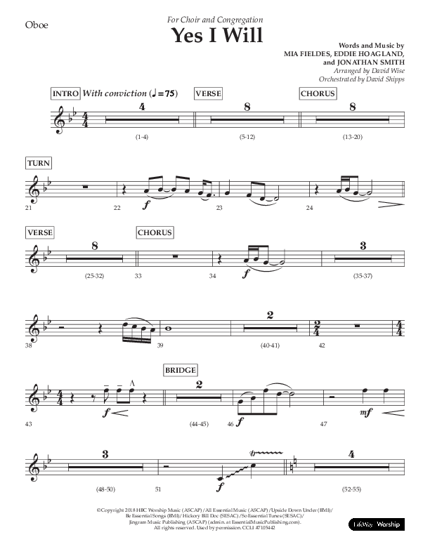 Yes I Will (Choral Anthem SATB) Oboe (Lifeway Choral / Arr. David Wise / Orch. David Shipps)