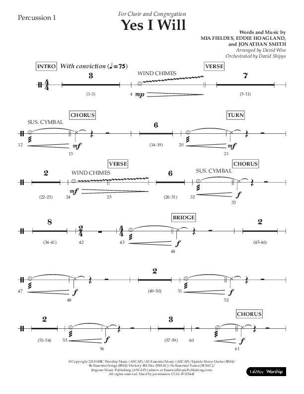 Yes I Will (Choral Anthem SATB) Percussion 1/2 (Lifeway Choral / Arr. David Wise / Orch. David Shipps)