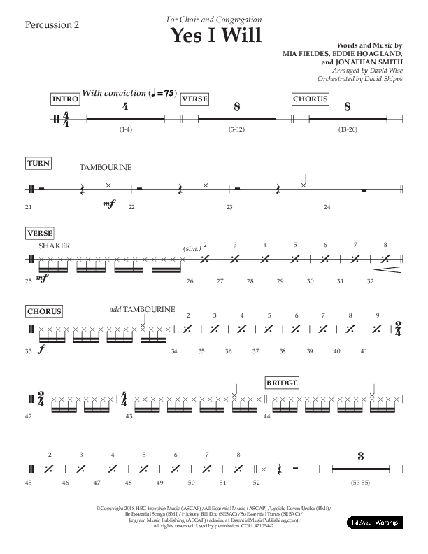Yes I Will (Choral Anthem SATB) Percussion 1/2 (Lifeway Choral / Arr. David Wise / Orch. David Shipps)
