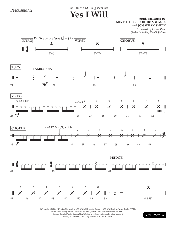 Yes I Will (Choral Anthem SATB) Percussion 1/2 (Lifeway Choral / Arr. David Wise / Orch. David Shipps)