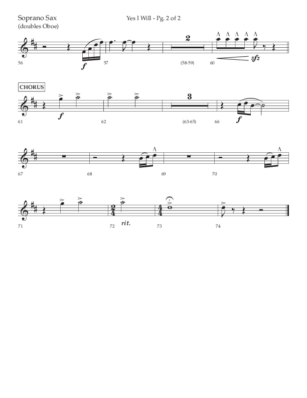 Yes I Will (Choral Anthem SATB) Soprano Sax (Lifeway Choral / Arr. David Wise / Orch. David Shipps)