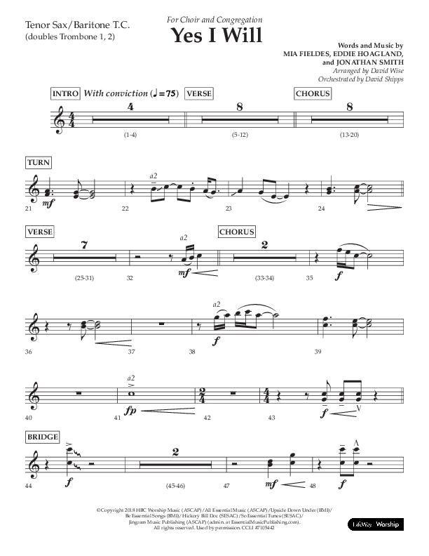 Yes I Will (Choral Anthem SATB) Tenor Sax/Baritone T.C. (Lifeway Choral / Arr. David Wise / Orch. David Shipps)
