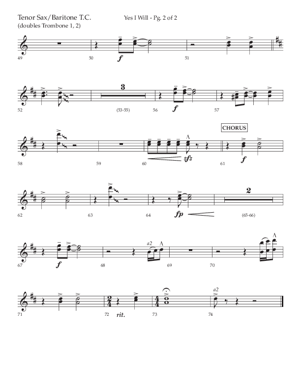Yes I Will (Choral Anthem SATB) Tenor Sax/Baritone T.C. (Lifeway Choral / Arr. David Wise / Orch. David Shipps)