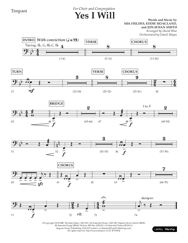 Yes I Will (Choral Anthem SATB) Timpani (Lifeway Choral / Arr. David Wise / Orch. David Shipps)