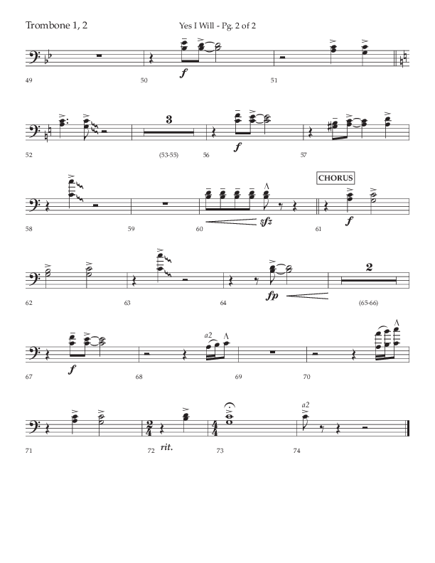 Yes I Will (Choral Anthem SATB) Trombone 1/2 (Lifeway Choral / Arr. David Wise / Orch. David Shipps)