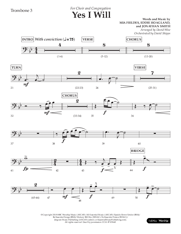 Yes I Will (Choral Anthem SATB) Trombone 3 (Lifeway Choral / Arr. David Wise / Orch. David Shipps)