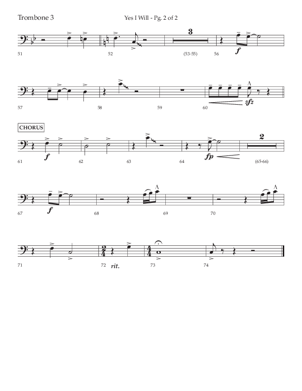 Yes I Will (Choral Anthem SATB) Trombone 3 (Lifeway Choral / Arr. David Wise / Orch. David Shipps)