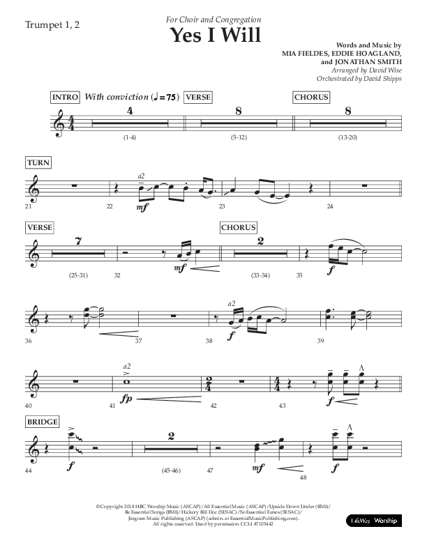 Yes I Will (Choral Anthem SATB) Trumpet 1,2 (Lifeway Choral / Arr. David Wise / Orch. David Shipps)