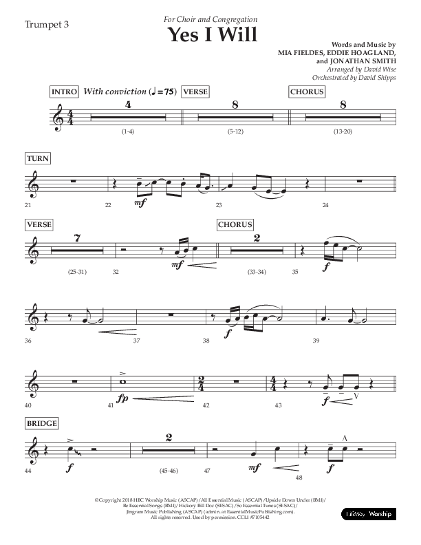 Yes I Will (Choral Anthem SATB) Trumpet 3 (Lifeway Choral / Arr. David Wise / Orch. David Shipps)
